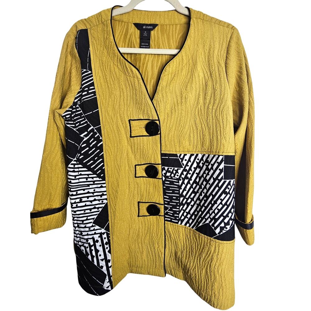 Ali Miles Womens Artsy Button Blouse Sz M Abstract Geometric Mixed Media Stretch